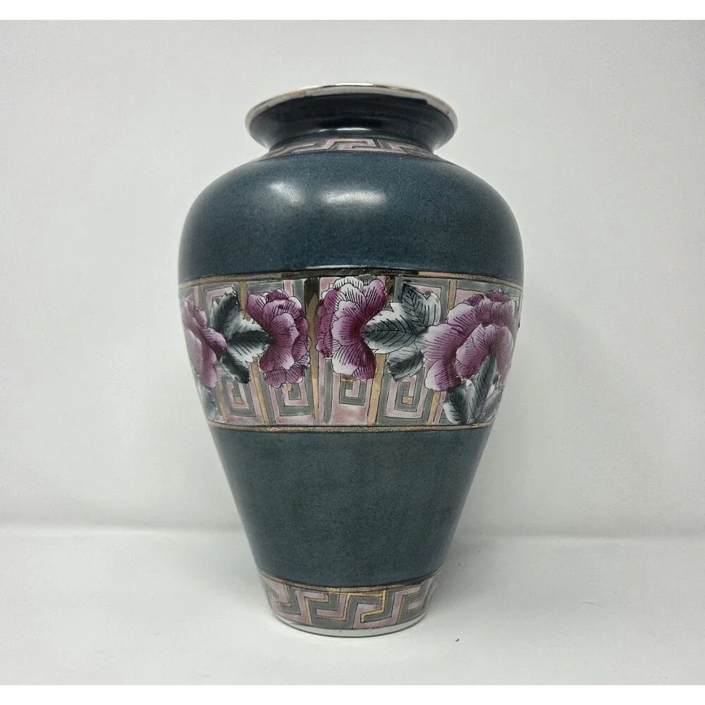 Vintage Japanese Style Porcelain‎ Vase Green Cloisonne Look Pink Floral 10